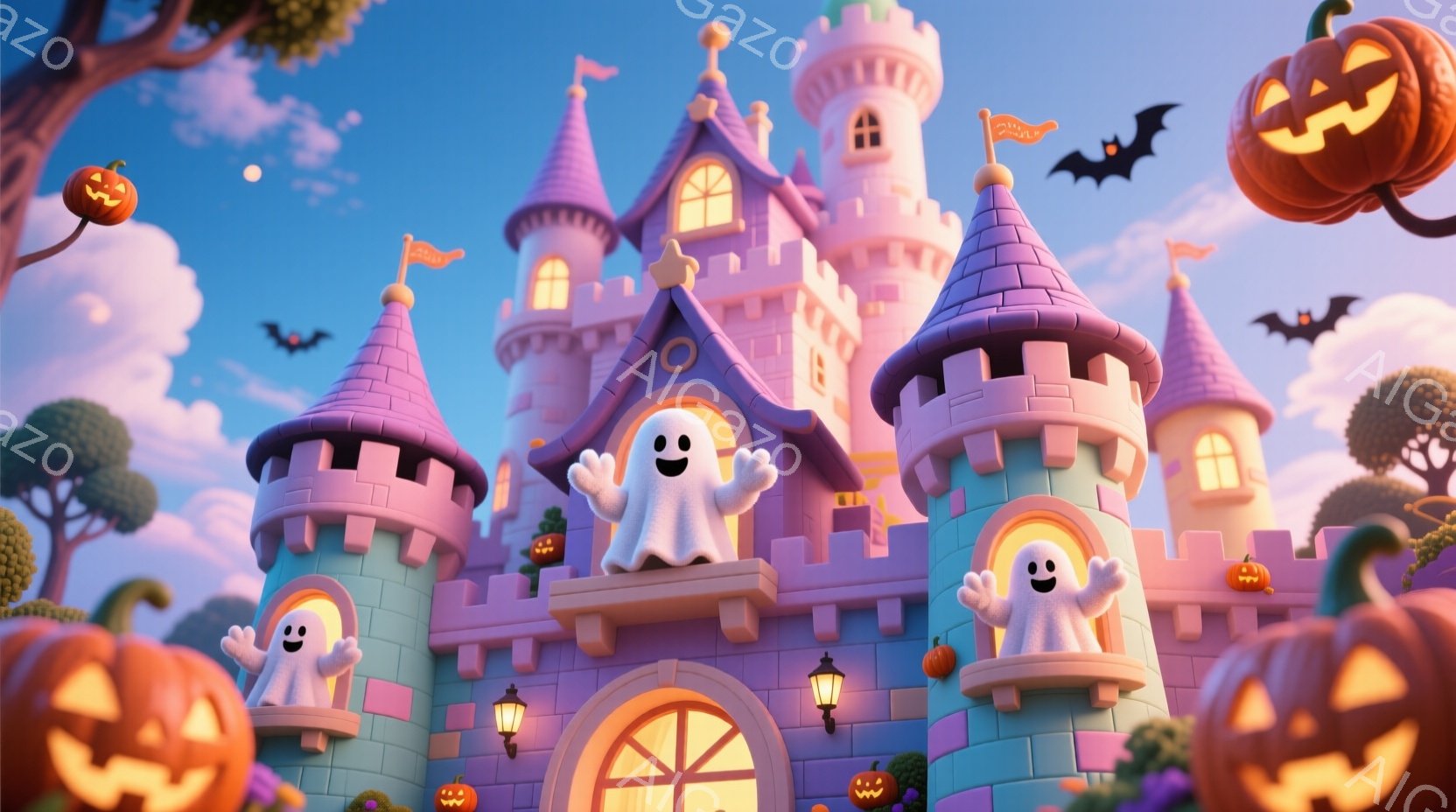 鮮やかなパステルカラーの城が、ハロウィーンの飾り付けで彩られています。可愛らしい幽霊たちが城の周りに浮かび、嬉しそうに手を振っています。背景には、丸い木々とオレンジ色のカボチャ、そして夕焼けのような空 - AI生成フリー素材