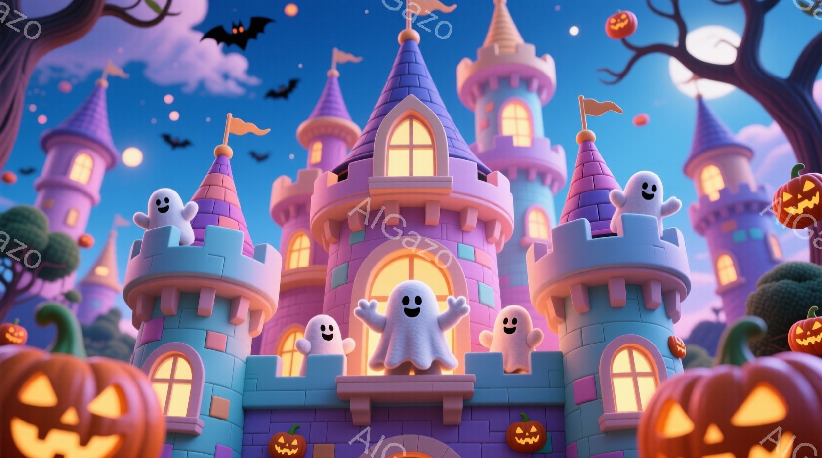 明るい紫色の城が中央にそびえ立ち、ハロウィーンの装飾が施されています。可愛らしいゴーストたちが城の周りを飛び交い、楽しげな表情を浮かべています。背景には、オレンジ色のカボチャ、夜空、そして黒いコウモリが描かれ、お祭り気分を盛り上げています。