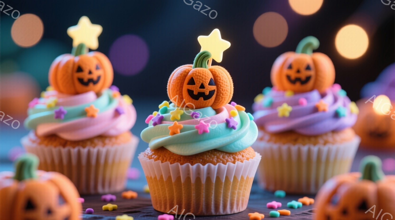 ハロウィーンをテーマにしたカップケーキが写っており、パステルピンクと水色のクリームが塗られたカップケーキの上に、小さなジャック・オー・ランタンの飾りと星型のトッピングが乗っています。背景は暗く、ぼやけ - AI生成フリー素材