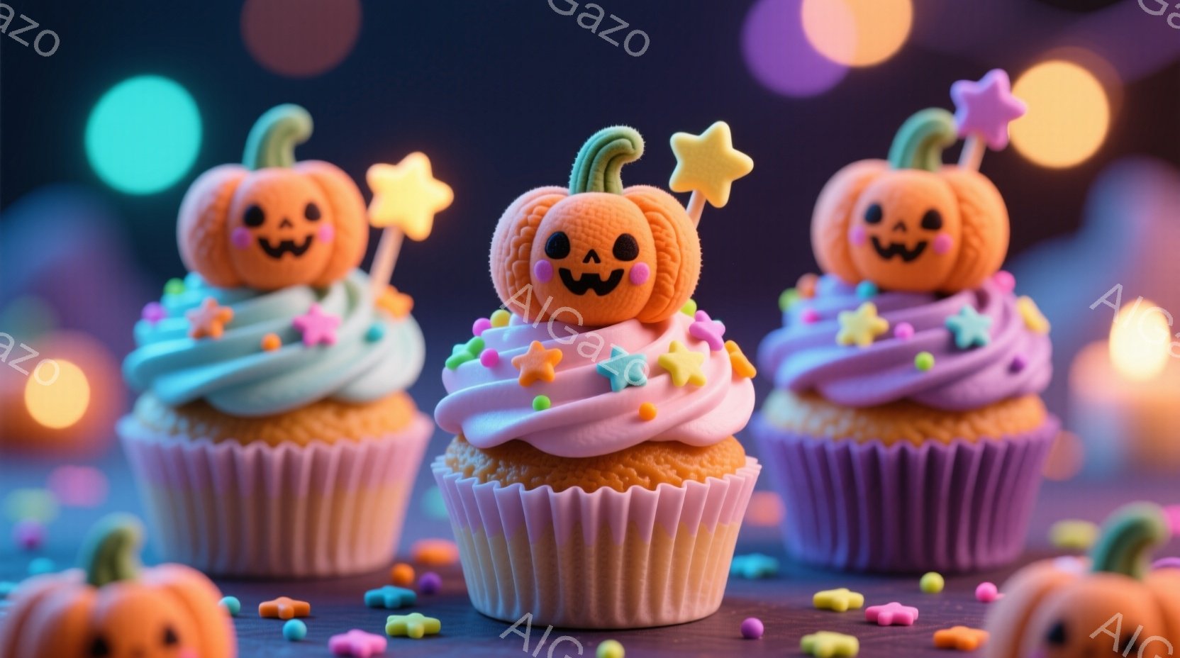 ハロウィーンをテーマにしたカップケーキが写っています。紫色の紙製のカップに、ピンク色のクリームが絞られ、その上に可愛らしいかぼちゃの飾りと金色の星がトッピングされています。背景にはぼやけたオレンジや青の光が散りばめられており、お祭り気分を盛り上げています。