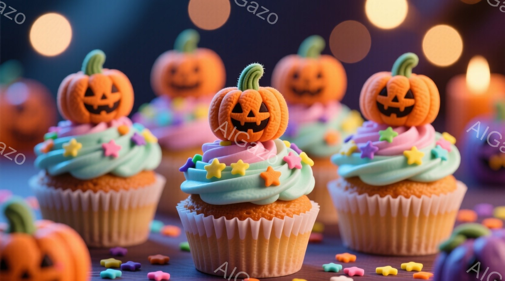 ハロウィーンをテーマにしたカップケーキが並んでいます。水色のクリームにピンクのクリームが重ねられ、ハロウィンらしいジャック・オ・ランタンの飾りが乗せられています。背景には、ぼやけた光の玉と、カラフルな - AI生成フリー素材