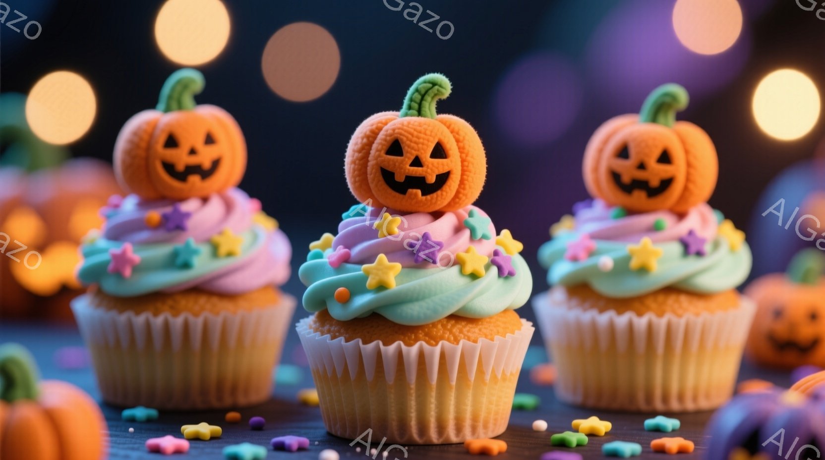 カップケーキが三つ、背景にぼやけた光の玉が散りばめられています。それぞれのカップケーキは紫色のクリームで覆われ、オレンジ色の小さなカボチャの飾りとカラフルな星形のスプリンクルが乗せられています。全体的 - AI生成フリー素材