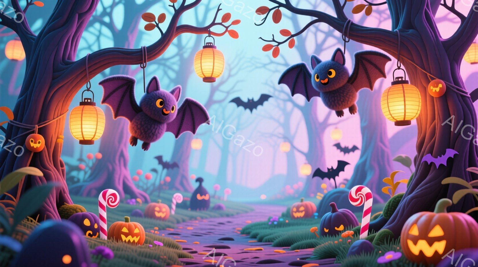 青紫色の背景に、ハロウィーンを象徴するカボチャやお菓子が散りばめられた、幻想的な森の道が描かれています。上空には可愛らしいコウモリが舞い、オレンジ色のランタンが道を照らし、全体的に温かくお祝いムードに - AI生成フリー素材