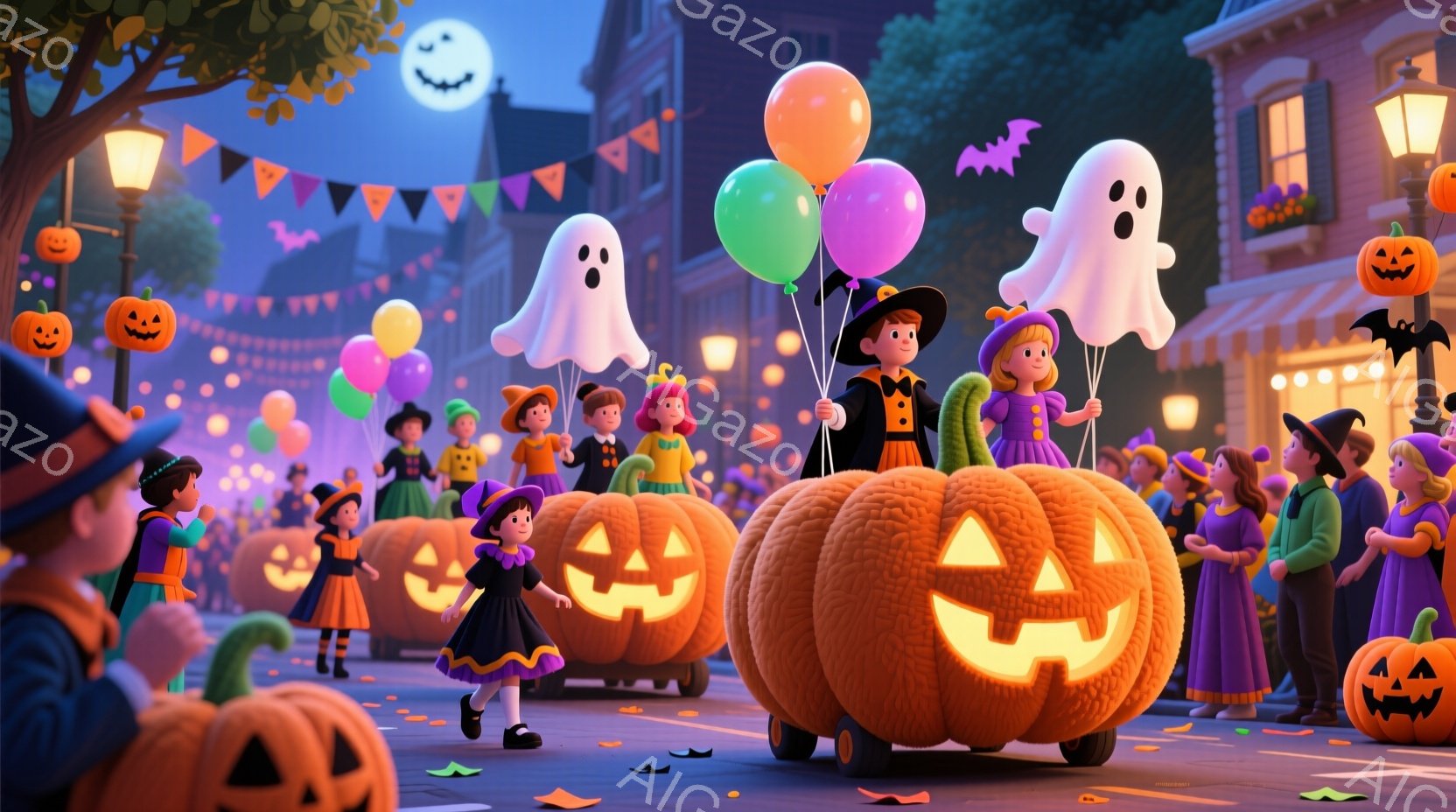 ハロウィーンの夜、子供たちは仮装して通りを歩いています。大きなカボチャの車に乗り、お菓子を入れた袋を持ち、楽しそうにしています。背景には、カボチャのランタン、装飾された建物、そして夜空に浮かぶ満月があ - AI生成フリー素材