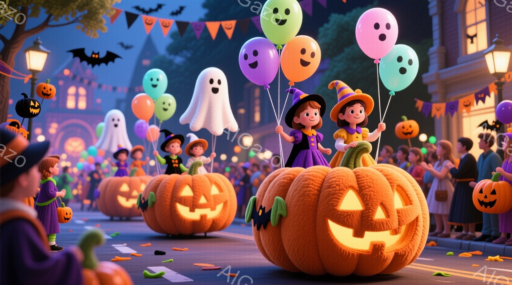 ハロウィーンの夜、子どもたちがカボチャのランタンの上に乗ったり、周りを歩いたりしています。女の子たちは魔女帽子と紫色のドレスを着て、顔には笑顔が浮かび、手にたくさんのカラフルな風船を持っています。背景 - AI生成フリー素材