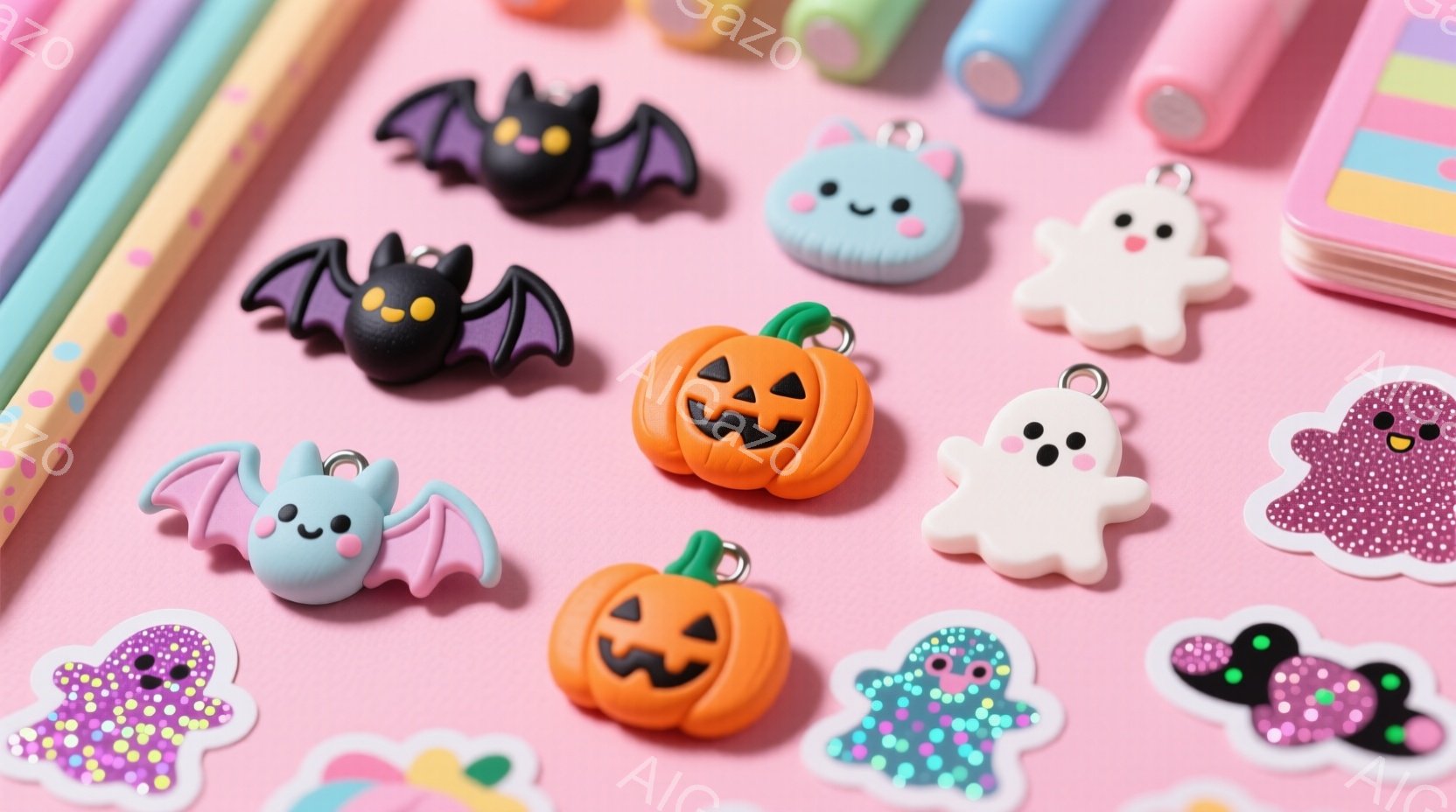 明るいピンク色の背景に、ハロウィーンをテーマにしたかわいらしいチャームが散りばめられています。黒いコウモリ、オレンジ色のジャック・オ・ランタン、白い幽霊、ピンクと緑のきらめく幽霊など、さまざまな形のチャームが、楽しげなハロウィーンの雰囲気を演出しています。ペンシルやノートなど、他の文房具も写っており、まるでハロウィーンの準備をしているかのような、わくわくした気持ちになります。