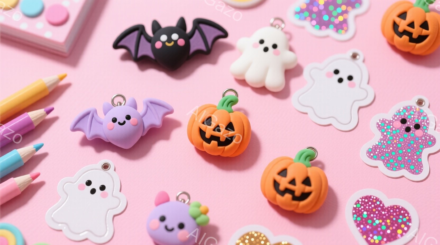 明るいピンク色の背景に、ハロウィーンをテーマにした小さな可愛らしいチャームが散りばめられています。紫色のフランケンシュタイン、白い幽霊、オレンジ色のジャック・オー・ランタン、黒いコウモリなど、様々なキャラクターが微笑みを浮かべています。これらのチャームはカラフルなクレヨンやキラキラしたステッカーと共に、遊び心のあるお祝いの雰囲気を醸し出しています。