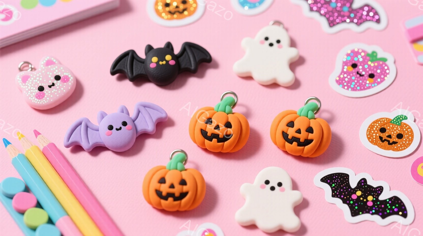 明るいピンク色の背景に、ハロウィーンをテーマにした可愛らしいモチーフが散りばめられています。かぼちゃ、おばけ、コウモリなどの立体的なチャームが配置され、カラフルなペンとキャンディが添えられています。全体的に明るくポップな雰囲気で、ハロウィーンの準備を楽しんでいるようなイメージです。