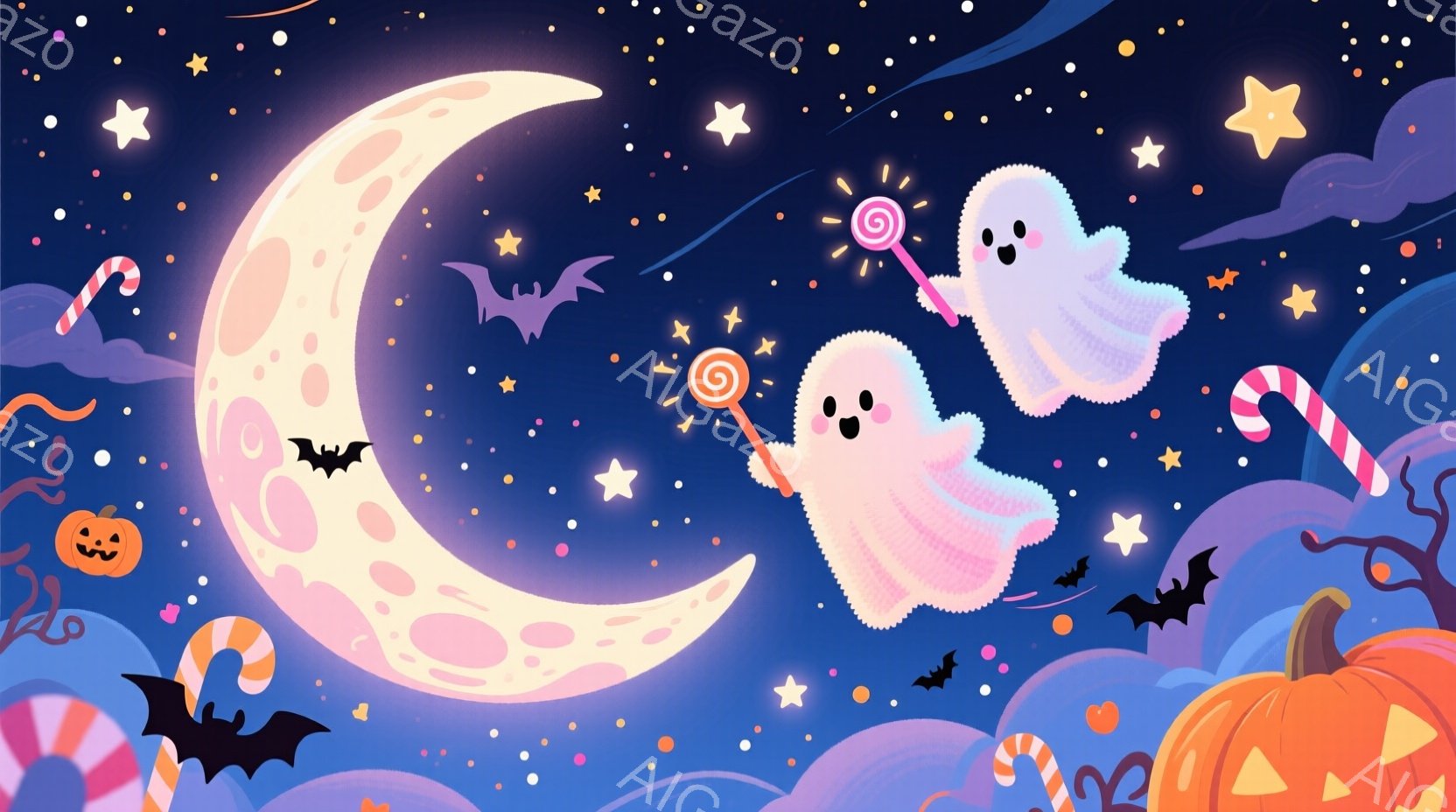 明るいクリーム色の幽霊が2匹、キャンディを持って空を飛んでいます。背景には大きな満月、カボチャ、コウモリ、星が散りばめられており、ハロウィーンの夜を思わせる楽しい雰囲気です。全体的にパステルカラーで描かれており、可愛らしく幻想的な印象を与えます。