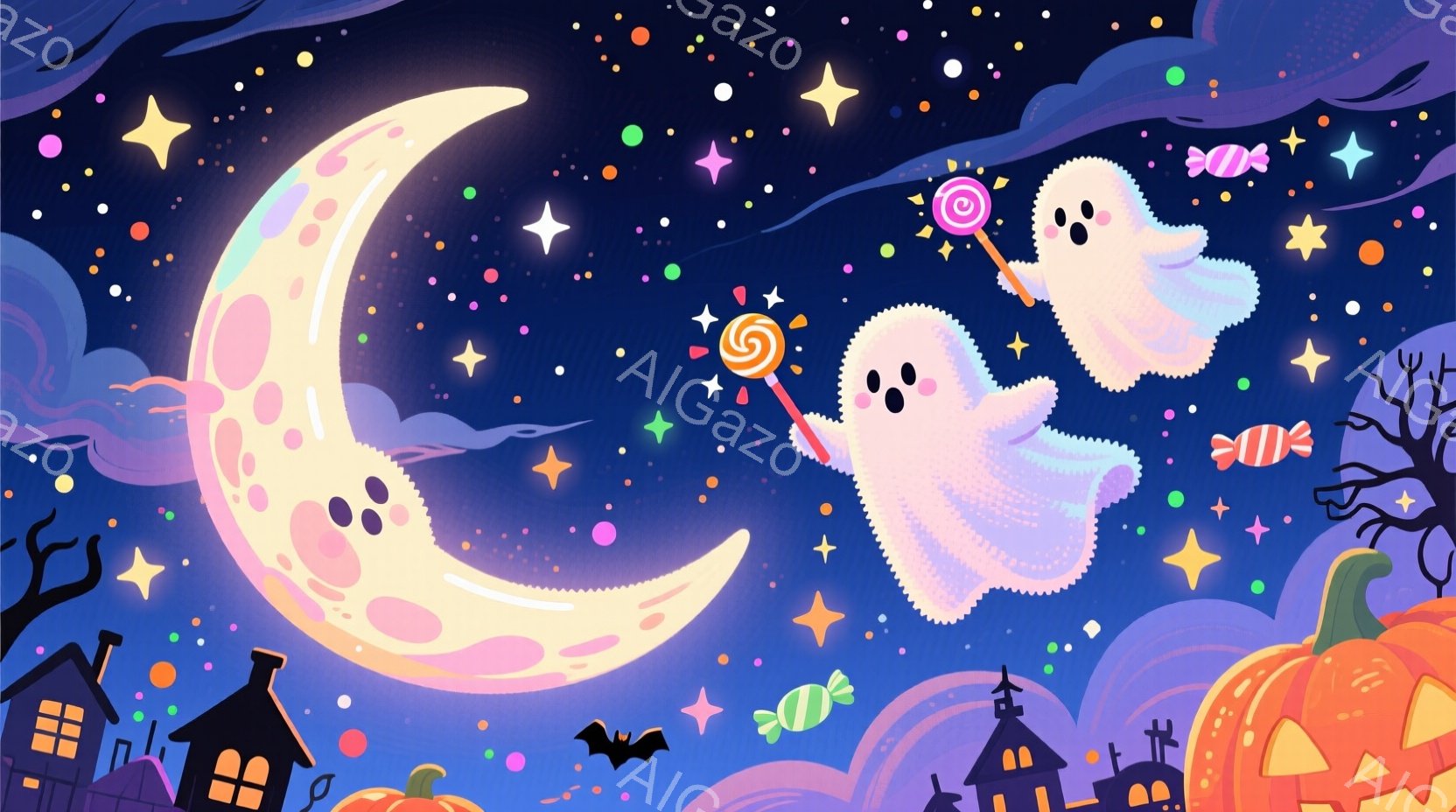夜空を背景に、満月と可愛らしいお化けが描かれています。お化けはキャンディーを持って飛び、背景には屋根付きの建物やカボチャ、そしてコウモリが散りばめられています。全体的にハロウィーンらしい、楽しく明るい - AI生成フリー素材