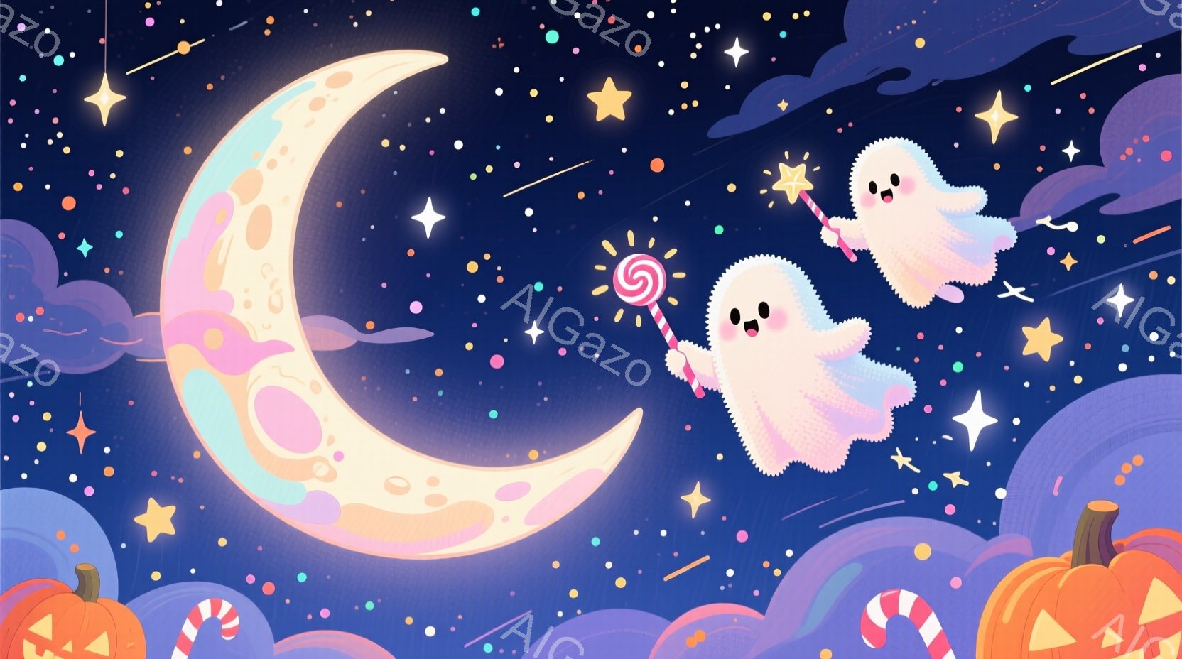 明るい満月と、キャンディを持った二つの可愛らしいお化けが描かれています。お化けたちは雲の上を浮かび、満月を背景に楽しそうに飛び回っています。背景には、ハロウィーンを象徴するカボチャやキャンディが散りば - AI生成フリー素材