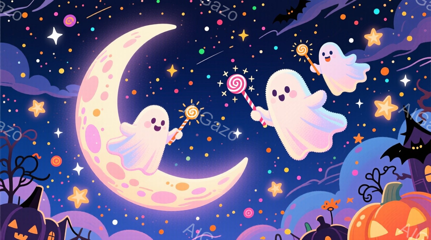 大きな満月の上に、キャンディを握った可愛らしい幽霊が一人、もう一人は月に向かって飛んでいる。背景にはハロウィーンらしいカボチャやお化け屋敷、星が散りばめられた夜空が広がっており、全体的に明るくお祝いム - AI生成フリー素材