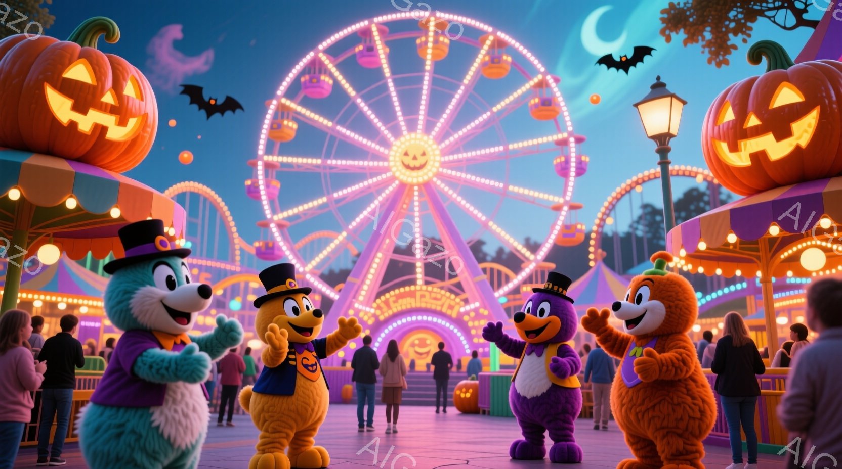 夜の遊園地を背景に、可愛らしいマスコットキャラクターたちが並んでいます。青いキャラクターはシルクハットと蝶ネクタイをつけ、片手を上げて歓迎しているようなポーズです。背景には、ハロウィーンの装飾が施された観覧車や人々で賑わう遊園地があり、お祭り気分を盛り上げています。