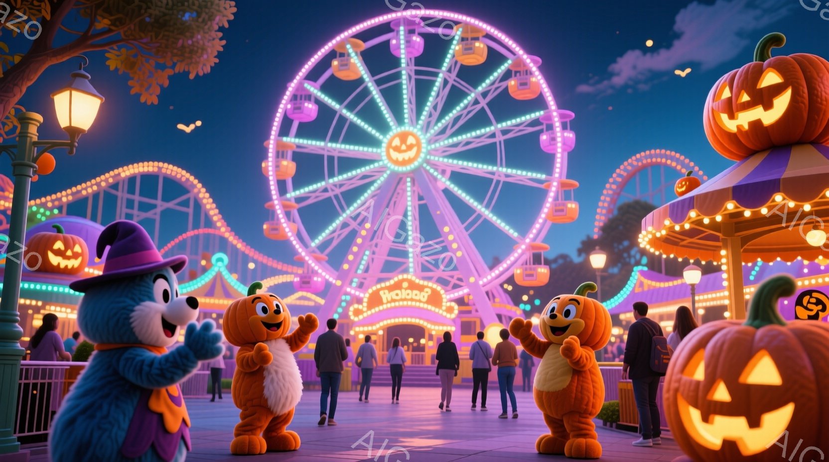 夜の遊園地を背景に、青い魔女の衣装を着たキャラクターと、2体のカボチャの着ぐるみを着たキャラクターが立っている。背景には、ハロウィーンの装飾が施された観覧車やジェットコースターが輝き、多くの人々が楽し - AI生成フリー素材