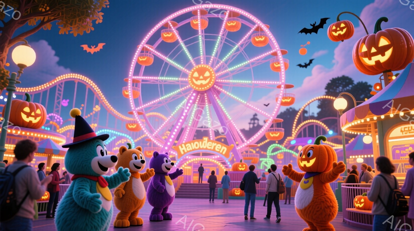 ハロウィーンをテーマにした遊園地で、青い熊、紫色の熊、そしてカボチャの着ぐるみを着たキャラクターたちが楽しそうに立っています。背景には、カボチャの装飾がされた観覧車やゲームブースがあり、ハロウィーンの - AI生成フリー素材