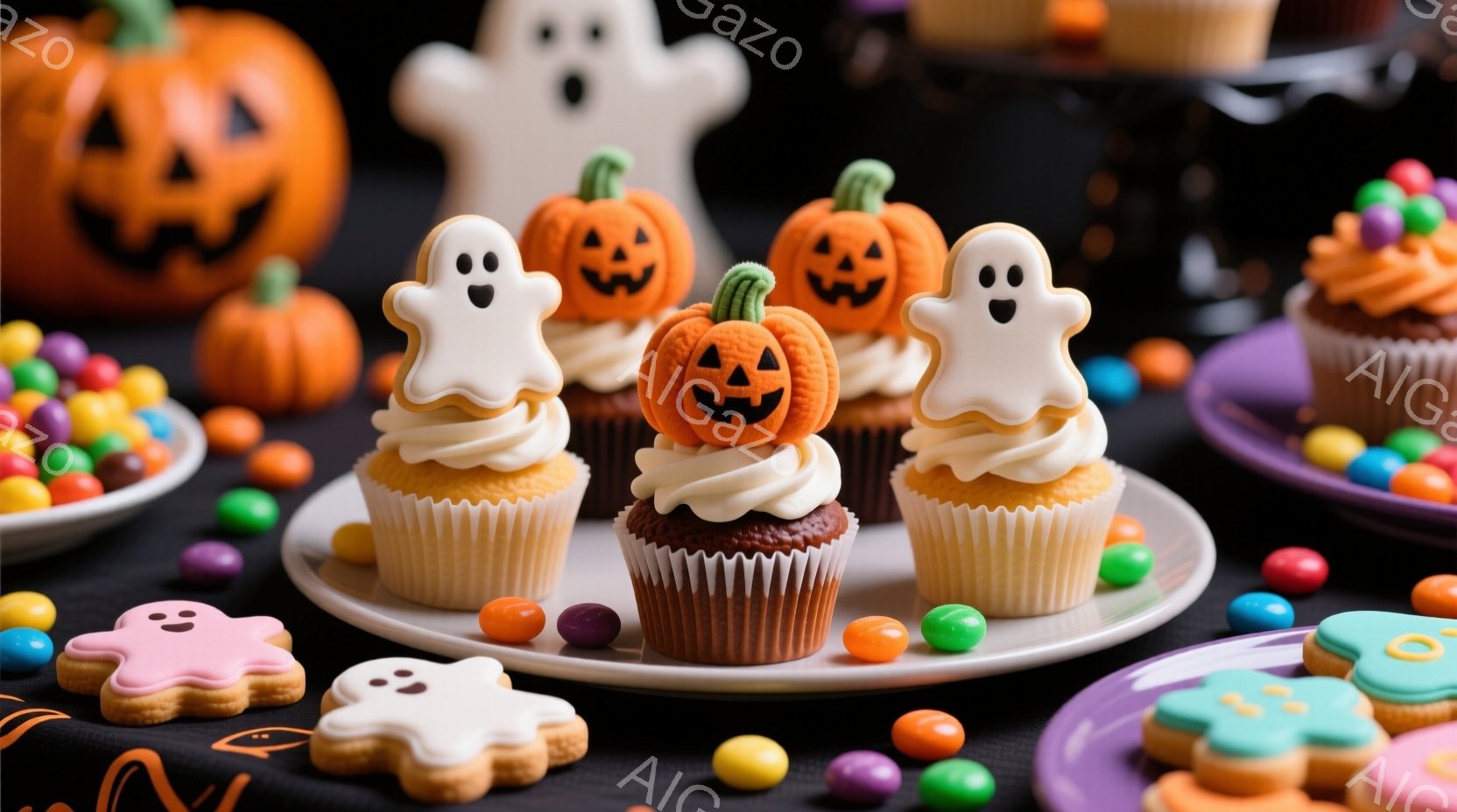 ハロウィーンをテーマにしたお菓子の盛り合わせが写っています。カップケーキにはカボチャとゴーストのデコレーションが施され、クッキーもゴーストやカボチャの形をしています。背景にはオレンジと紫のテーブルクロス、カラフルなキャンディーが散りばめられており、お祝いムードを盛り上げています。