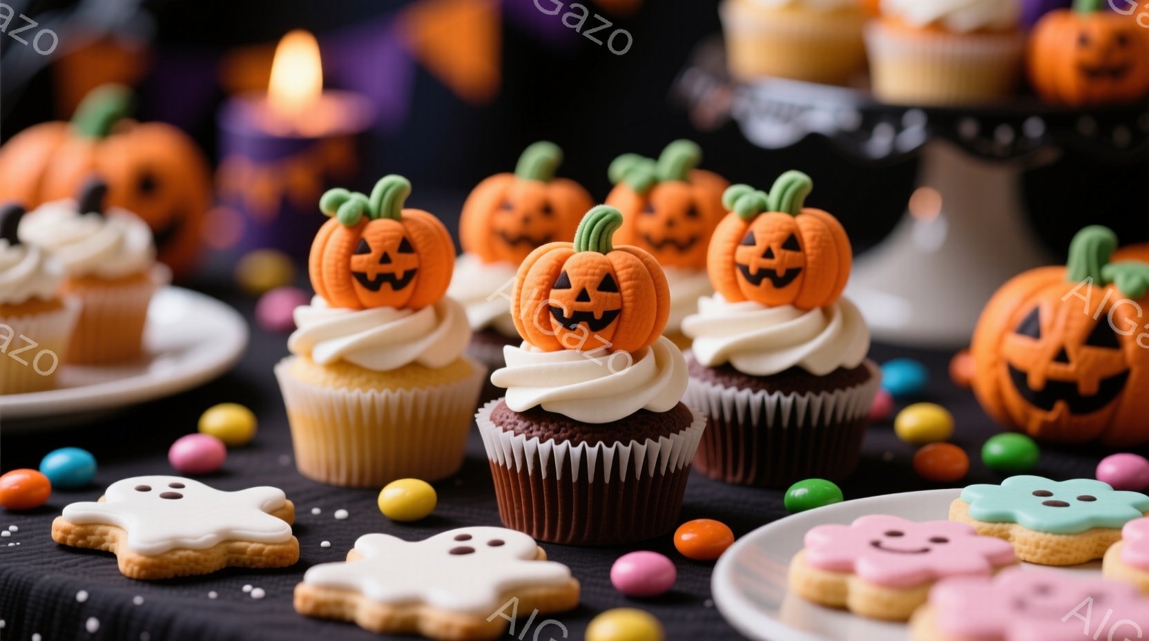 ハロウィーンをテーマにした焼き菓子が並べられています。茶色いカップケーキにはオレンジ色のジャック・オー・ランタンが飾られ、白いお化けのクッキーやパステルカラーのクッキーも添えられています。背景は黒い布 - AI生成フリー素材