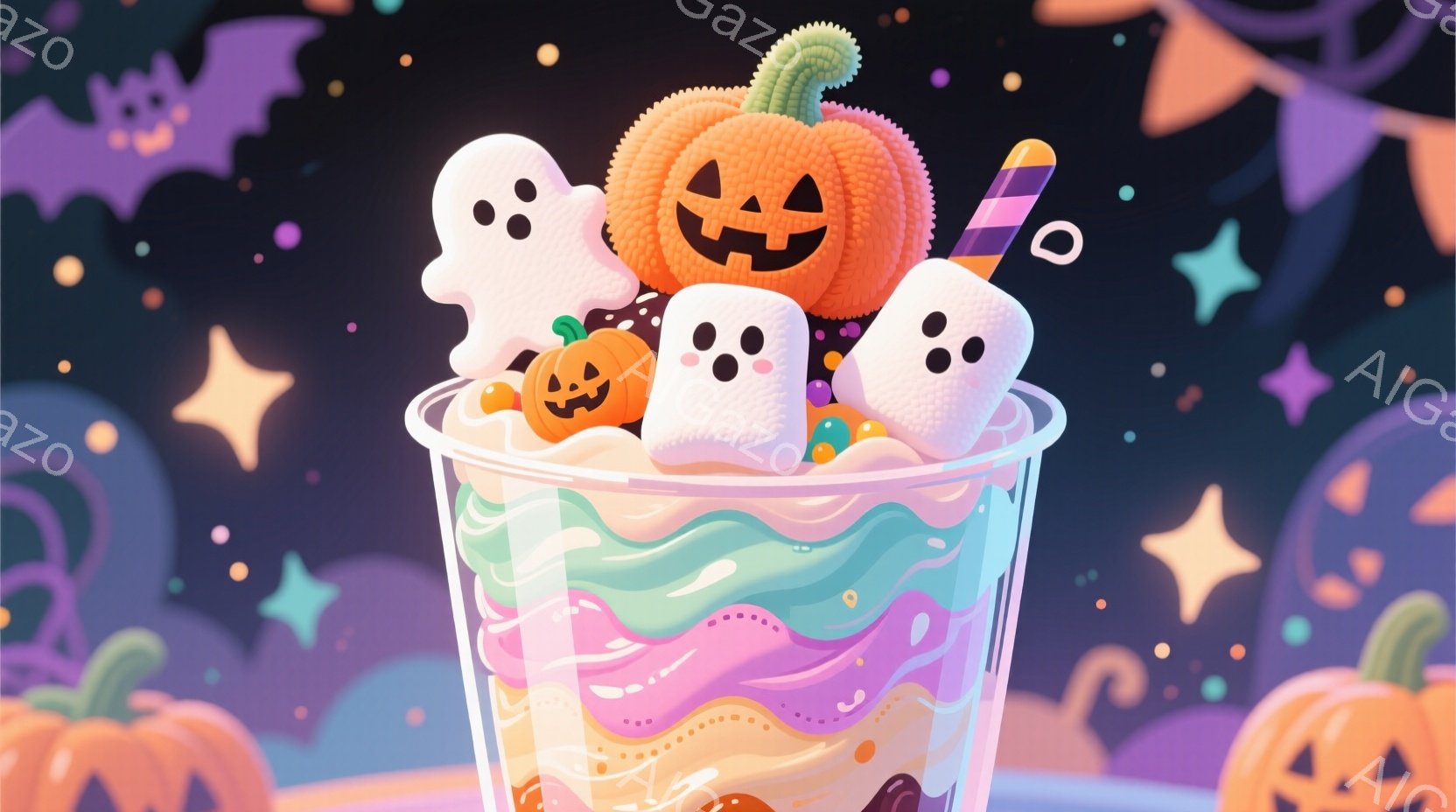 見た目はお化け屋敷のようなカラフルなデザートカップが写っています。カップの中には、ピンク、紫、水色、クリーム色の層があり、パンプキン、お化け、キャンディーがトッピングされています。背景は暗い紫色で、星やコウモリなどのハロウィーンの装飾が散りばめられており、お祝いムードを醸し出しています。