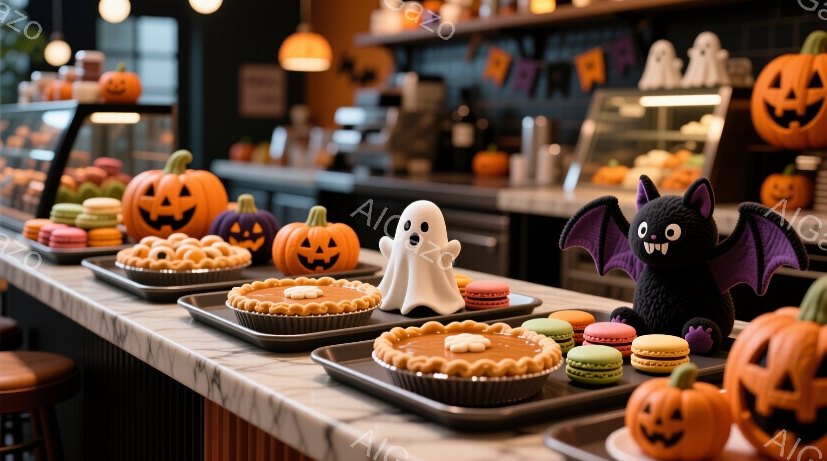 カウンター上に、ハロウィーンをテーマにしたお菓子や装飾品が並べられています。パンプキン、マカロン、お化けの形をしたケーキ、コウモリの置物が可愛らしく、秋の雰囲気を醸し出しています。背景には、オレンジと黒のハロウィーン装飾が施されたショーケースが見え、全体的に温かく、お祭りの気分を味わえる光景です。