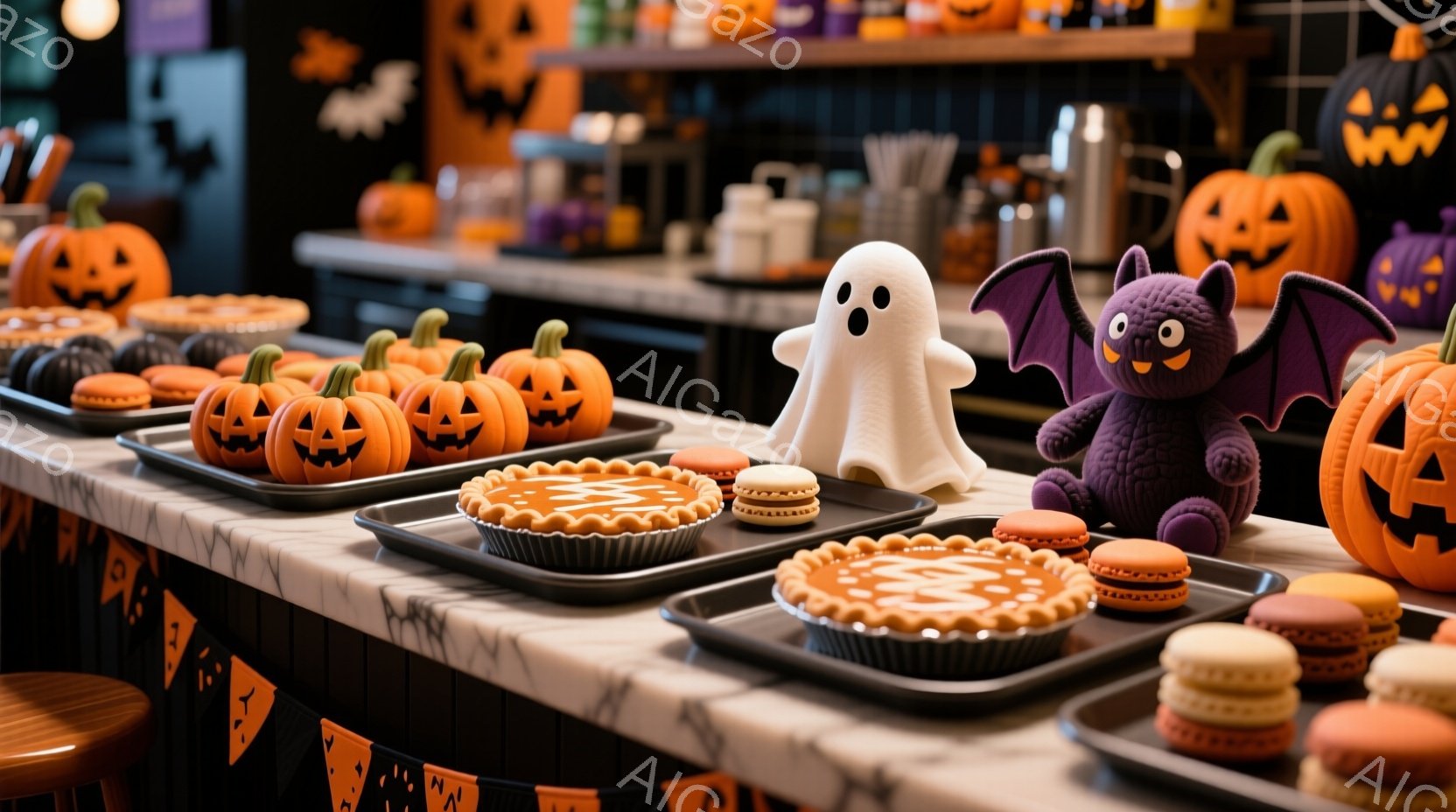 ハロウィーンの装飾が施されたカウンターに、かぼちゃの形をしたマカロンやパイ、おばけの置物、コウモリのぬいぐるみなどが並べられています。背景には、さらに多くのカボチャの飾りやハロウィーンを象徴するアイテ - AI生成フリー素材
