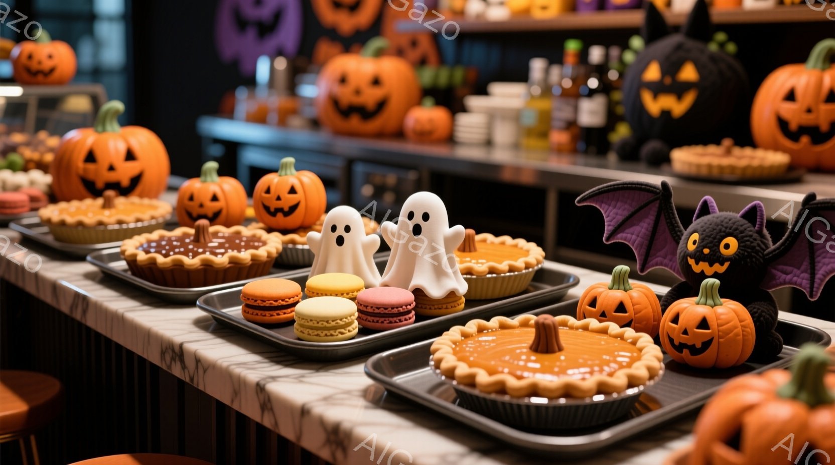 ハロウィーンをテーマにした焼き菓子が並べられています。パンプキン、マカロン、お化けの形をした焼き菓子、コウモリの飾りなどが、白いトレイに整然と並べられています。背景には、さまざまな大きさのジャック・オ - AI生成フリー素材