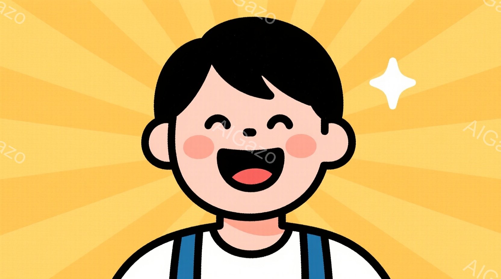 明るいオレンジ色の背景に、笑顔の少年が描かれています。少年は白いシャツに青いサスペンダーを着ており、黒髪の短髪に、頬はピンク色で、大きく口を開けて笑っています。全体的に、元気で幸せな雰囲気が伝わってきます。