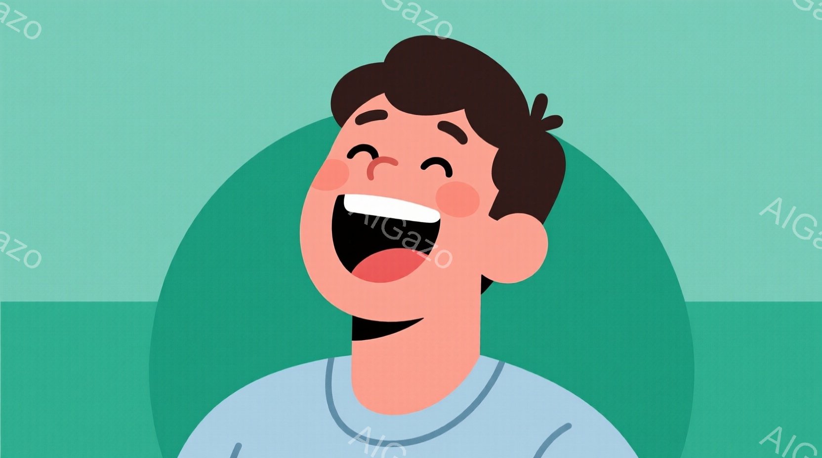 明るい緑色の背景を背景に、若い男性が描かれています。彼は青いシャツを着ており、短くて暗い髪をしています。彼は大きく口を開けて笑っており、とても幸せな表情をしています。