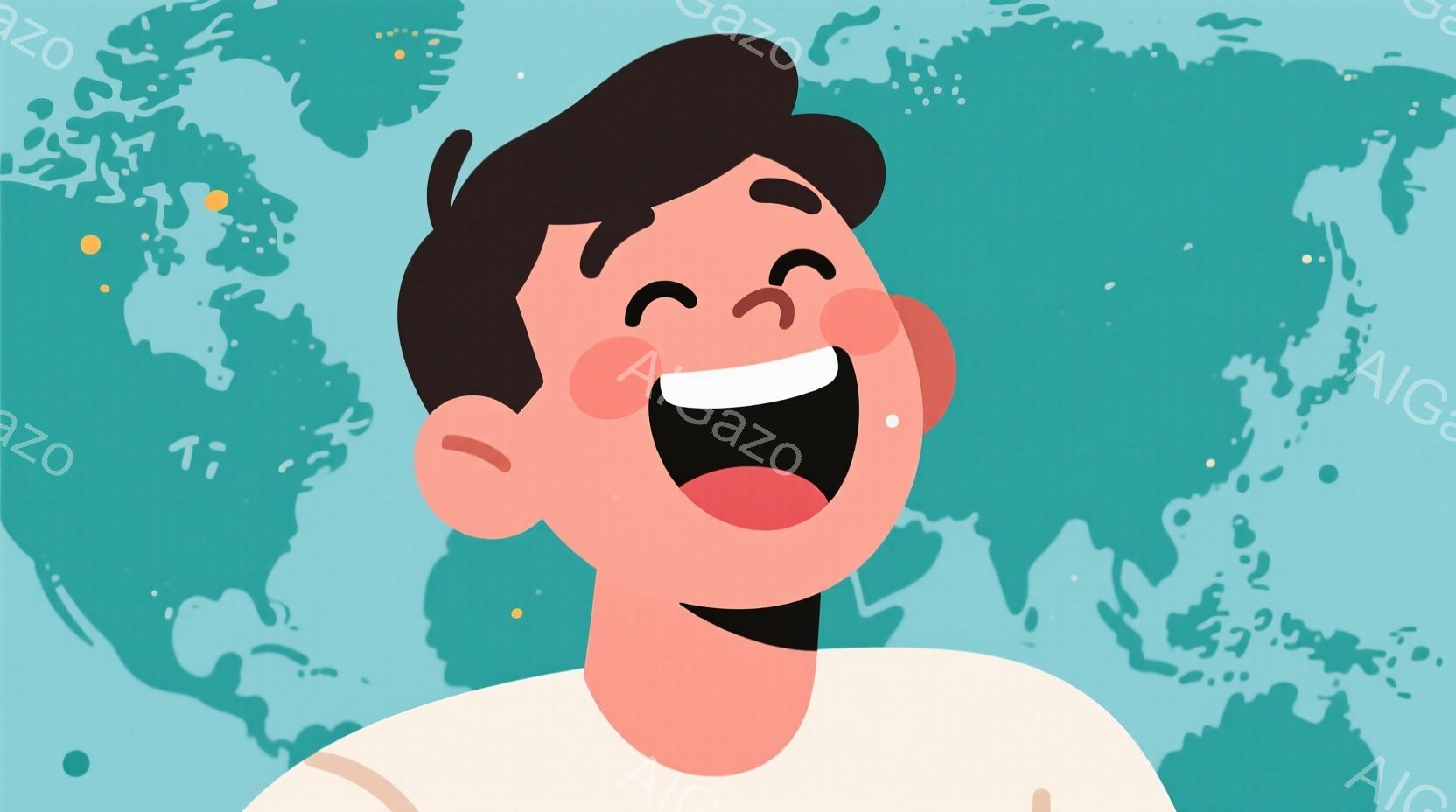 画面には、顔の半分が写った若い男性が描かれています。彼は白いシャツを着ており、短い黒髪で、満面の笑みを浮かべています。背景は、大陸の形をした水色のグラデーションで、全体的に明るく陽気な雰囲気です。