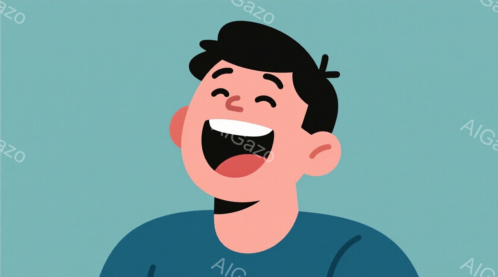 明るい青色の背景に、笑い転げている若い男性のイラストが描かれています。彼は短い黒髪で、青いシャツを着ています。口を大きく開けて激しく笑っており、顔全体が喜びで満ち溢れています。 - AI生成フリー素材