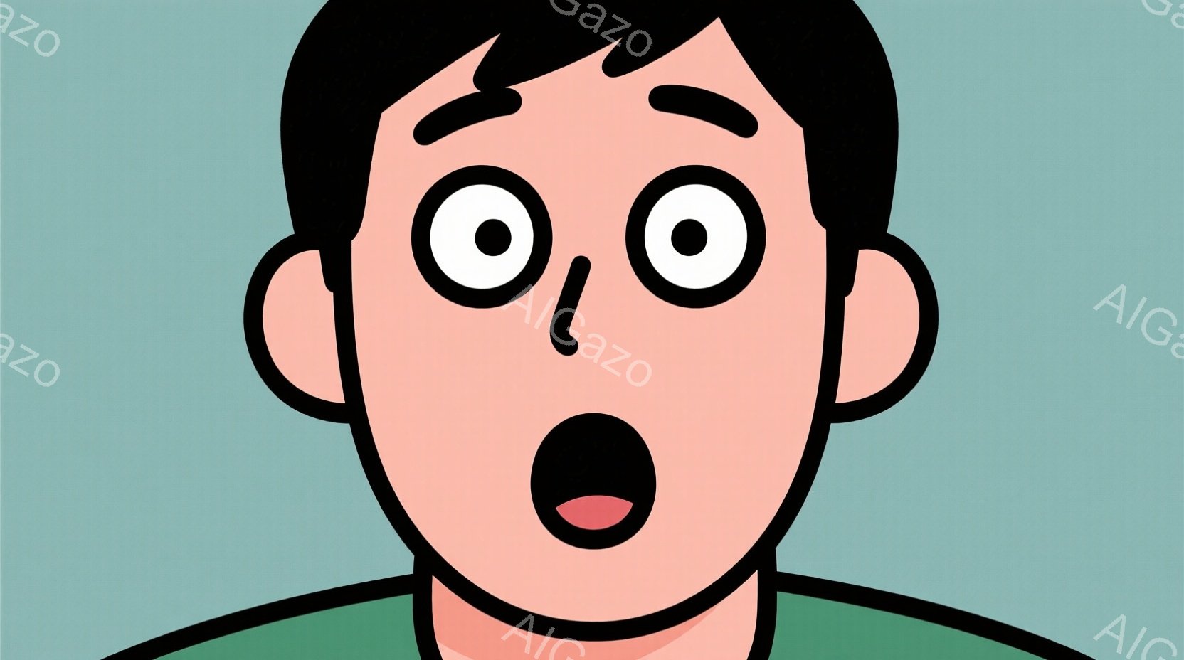 驚いた表情の男性の顔のアップです。彼は短い黒髪で、緑色のシャツを着ています。目を見開き、口を大きく開けて、非常に驚いた様子を表しています。