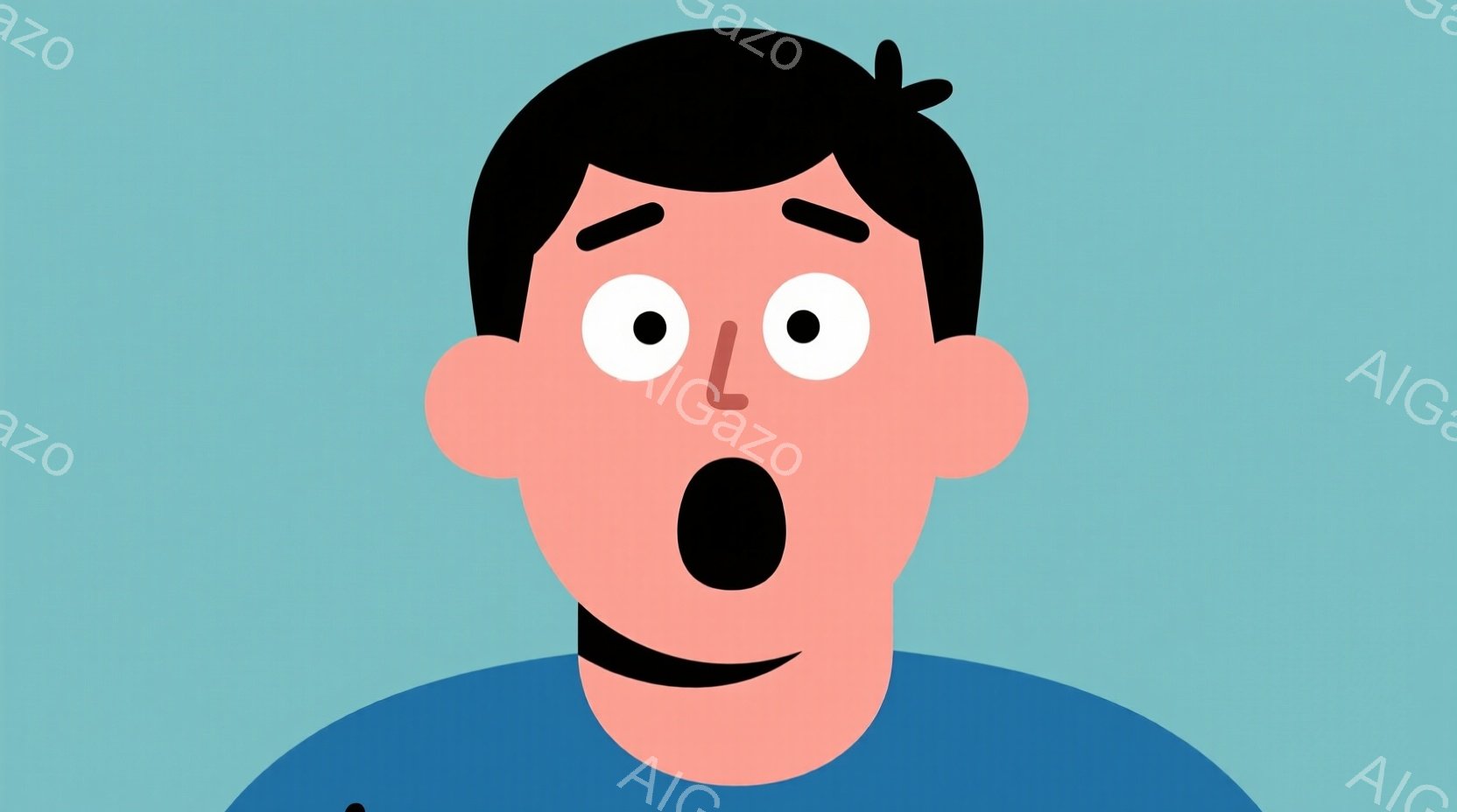 青いシャツを着た男性の顔が大きく描かれています。彼は黒い髪で、目を見開き口を大きく開けて驚いた表情をしています。背景は水色でシンプルで、男性の表情が際立っています。