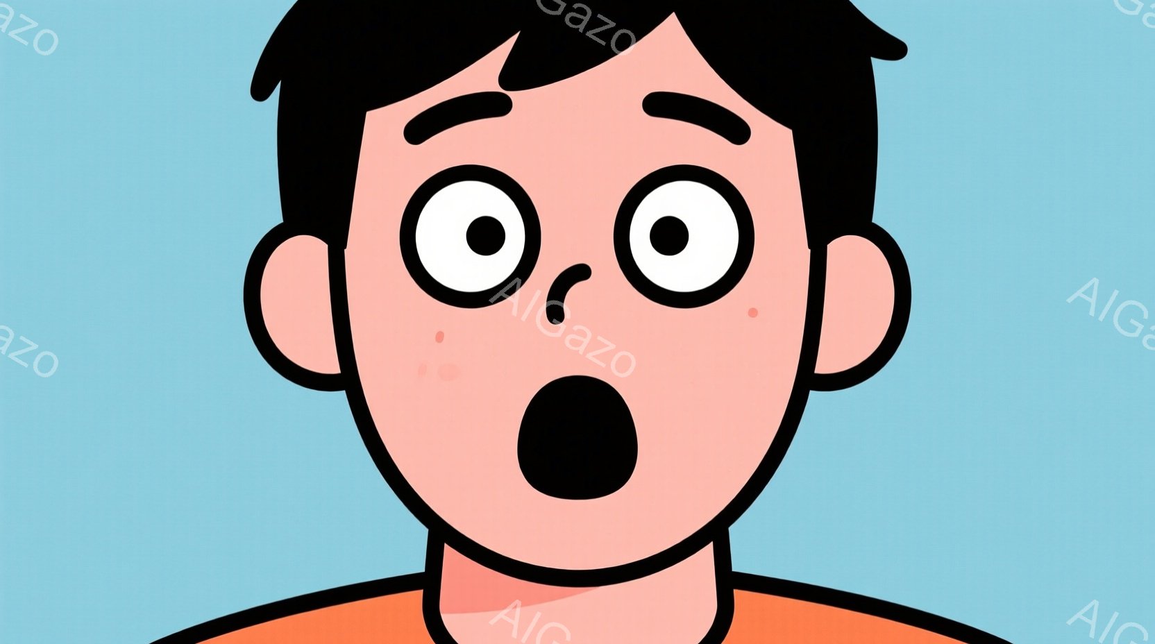 驚いた表情をした若い男性の顔のクローズアップです。彼は黒い髪で、オレンジ色の服を着ています。目は大きく見開かれ、口は大きく開いており、驚きとショックを表しています。 - AI生成フリー素材