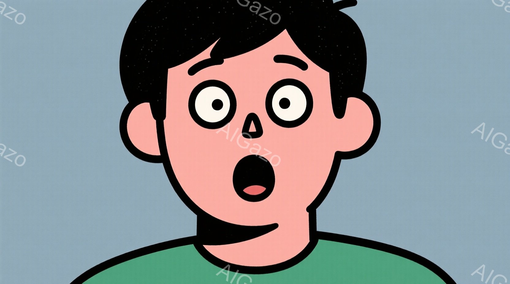 驚いた表情をした若い男性の顔のクローズアップです。彼は緑色のシャツを着ており、黒髪で、目を見開いて口を大きく開けています。背景は水色の単色で、表情が強調されています。 - AI生成フリー素材