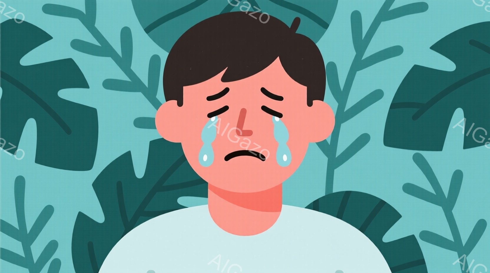 少年は白いシャツを着ており、黒髪で、目は閉じられています。 彼の顔からは涙が流れ落ちており、悲しげな表情をしています。 背景は明るい水色の、緑の大きな葉っぱで埋め尽くされており、全体的に憂鬱で感情的な - AI生成フリー素材