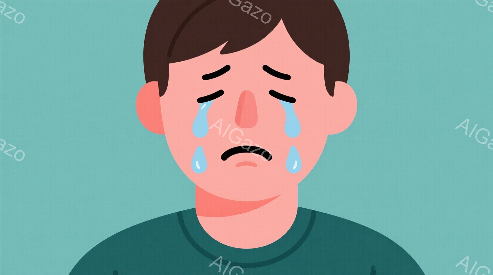 涙を流している若い男性の顔のクローズアップです。彼は緑色のシャツを着ており、短い茶色の髪をしています。目は閉じており、口は悲しげに曲がっており、強い悲しみや苦痛の感情を表現しています。