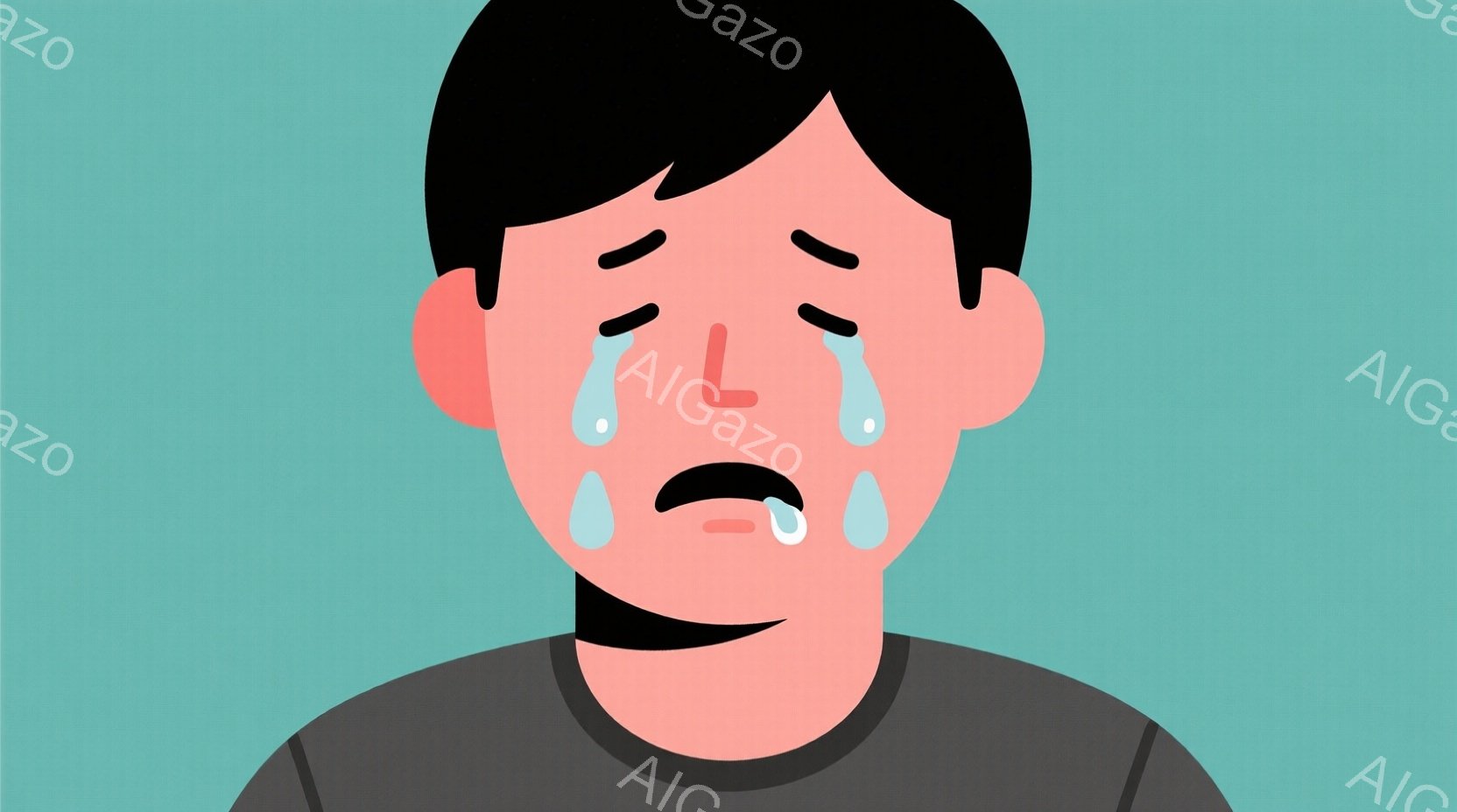 赤い肌に黒髪の少年が描かれており、大きな目には涙が浮かび、口は大きく開いています。グレーのシャツを着ており、悲しみや苦しみを表現した表情をしています。背景は水色で、人物に焦点が当てられています。 - AI生成フリー素材