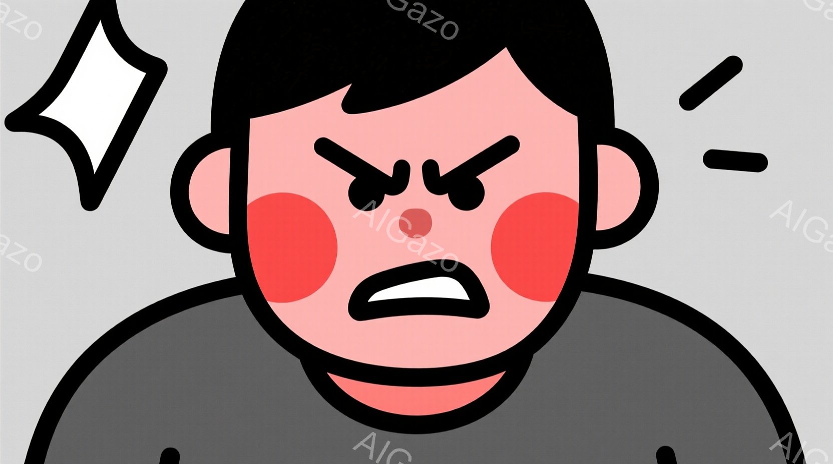 怒った表情の人物の顔のアップです。灰色のシャツを着ており、黒い髪が特徴的です。頬は赤く染まり、眉はひそめ、口は大きく開いて怒りを表しています。 - AI生成フリー素材