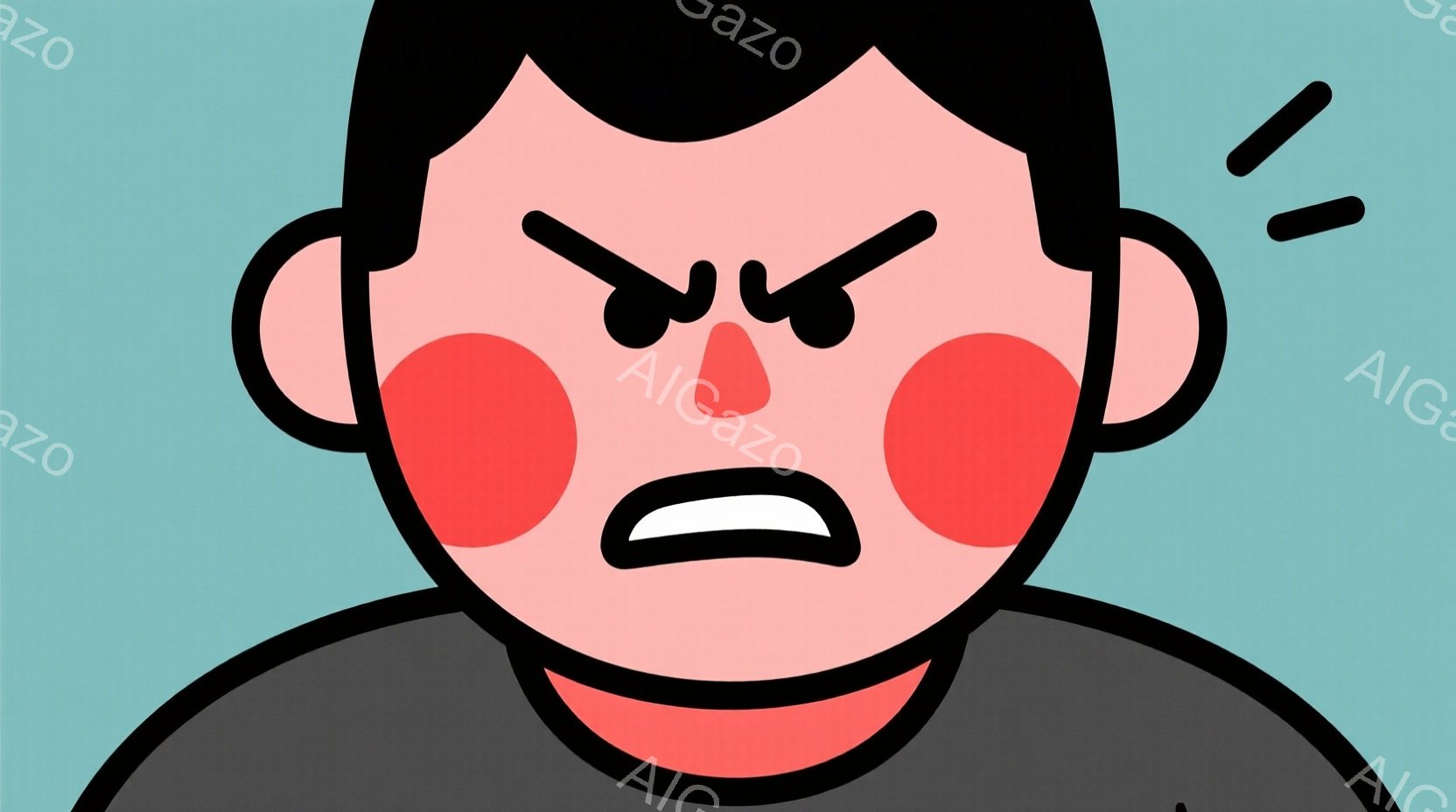 赤い頬と怒った表情の男性の顔のクローズアップです。黒い髪と黒い服を着ており、険しい眉と開いた口が強い感情を表しています。背景は水色の単色で、人物に焦点が当てられています。