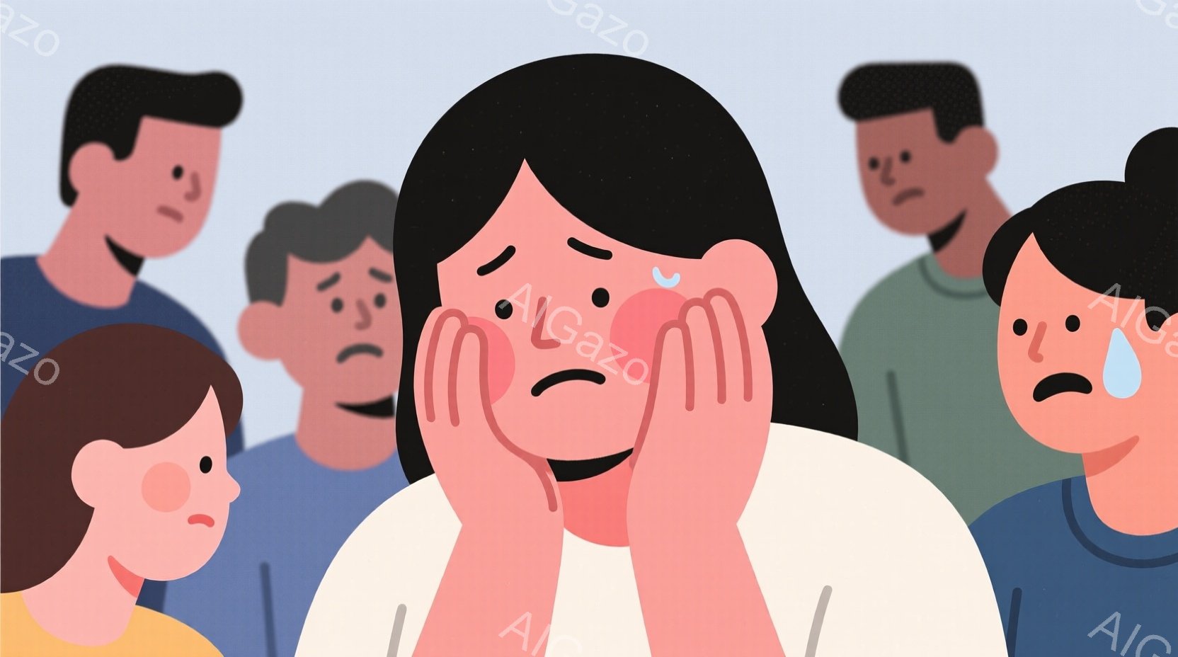 少女が涙を流し、両手で顔を覆って泣いている様子が描かれている。彼女の周りには、同様に悲しそうな表情をした人々が円を描くように配置されており、背景は単色で人物に焦点が当てられている。全体的に、少女の悲し - AI生成フリー素材