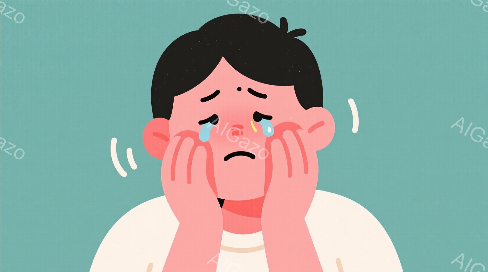 黒髪の少年が描かれており、白いシャツを着ています。 彼は両手で顔を覆い、目は涙で潤み、非常に悲しそうな表情をしています。 背景は淡い水色で、全体的に憂鬱で感情的な雰囲気が漂っています。 - AI生成フリー素材