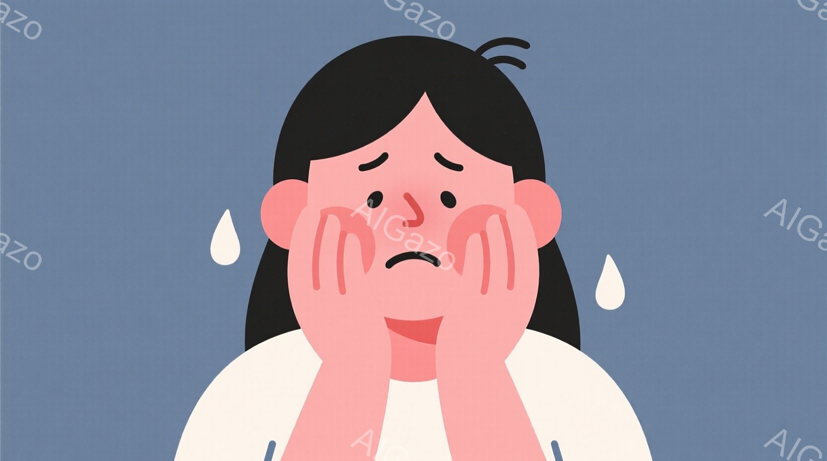 黒髪の女性が描かれており、白いシャツを着ています。彼女は両手で顔を覆い、涙を流しており、悲しみや苦悩を表しています。背景は淡い青色で、感情的な雰囲気を強調しています。 - AI生成フリー素材