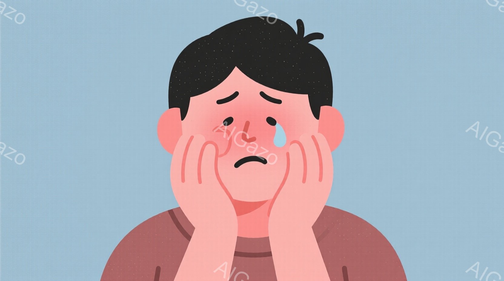 黒髪の少年が顔を両手で覆い、悲しそうな表情をしています。赤いシャツを着ており、頬は赤く染まり、目からは涙がこぼれています。背景は淡い水色で、人物に焦点が当てられており、全体的に憂鬱な雰囲気が漂っていま - AI生成フリー素材