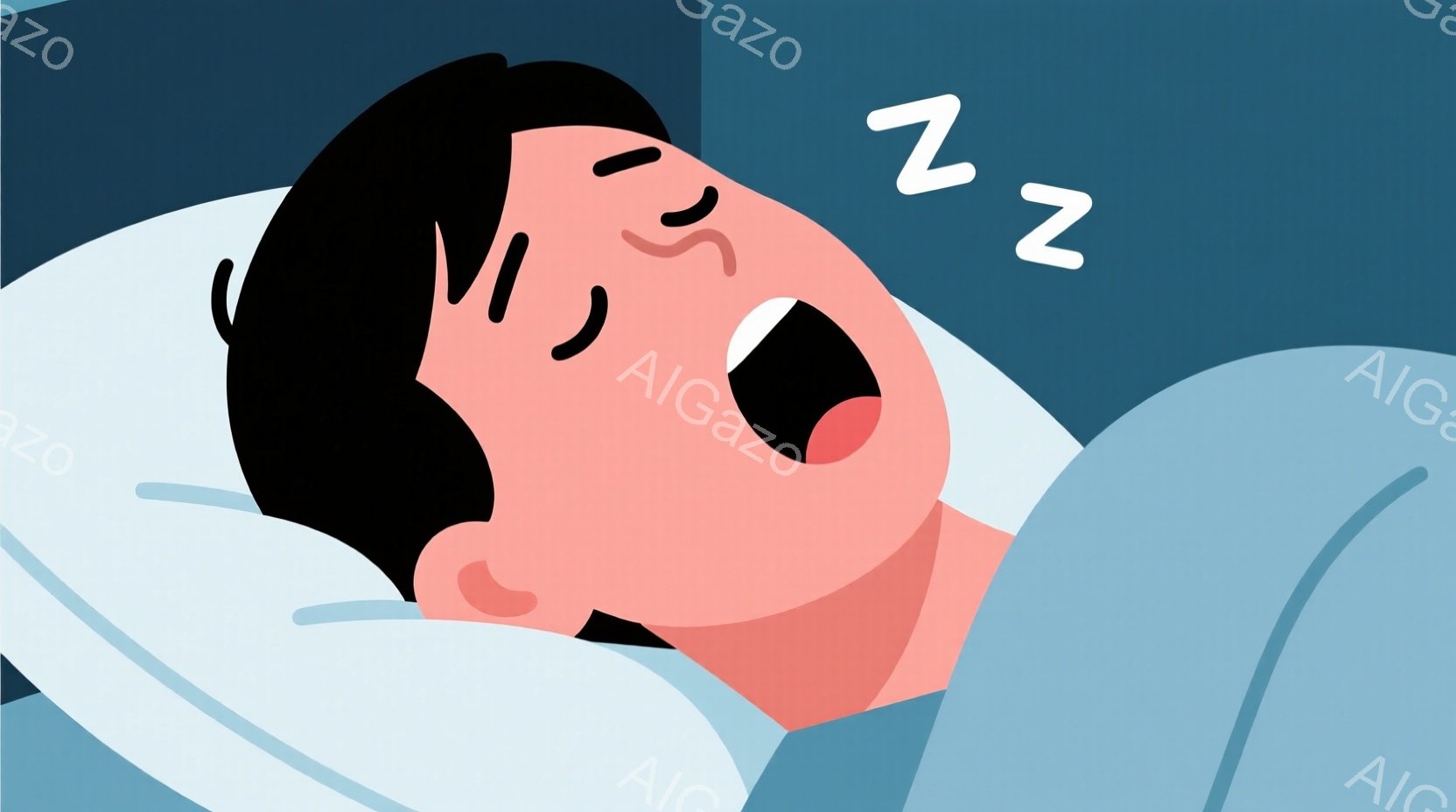 鮮やかなピンク色の肌をした男性が仰向けに寝ており、大きく口を開けて寝息を立てています。黒髪は頭の上で乱れ、眠っている様子を強調しています。背景は白く、簡素な寝室のような印象を与え、穏やかな眠りの雰囲気を醸し出しています。