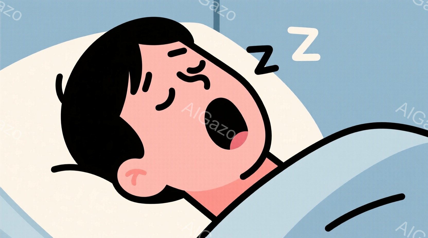 横たわる人物の顔のクローズアップで、目は閉じ、口は大きく開いて寝ている様子が描かれています。短い黒髪で、頬は赤く、白い枕の上に横たわっています。背景は淡い水色で、黒い線が数本描かれており、簡潔でリラックスした雰囲気を醸し出しています。