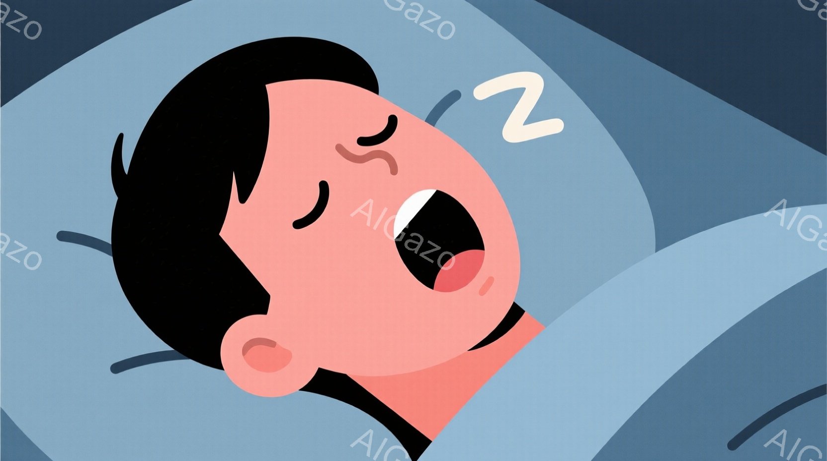 寝ている男性の顔のクローズアップです。彼は口を大きく開けて寝息を立てており、目は閉じています。背景は水色の単調な色調で、睡眠の静寂な雰囲気を強調しています。