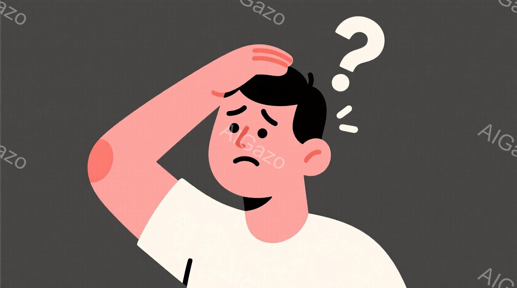鮮やかなピンク色の肌と黒髪の男性が描かれています。困惑した表情で片手を額に当てており、頭上に疑問符が浮かんでいます。背景は一様なグレーで、人物に焦点が当てられています。