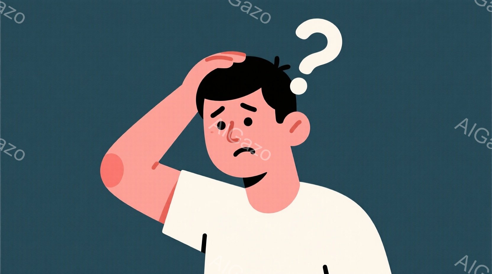 白いTシャツを着た若い男性が描かれており、困惑した表情で片手を頭に当てています。彼の髪は黒く、短く整えられています。背景は濃い青色で、人物に焦点が当てられています。
