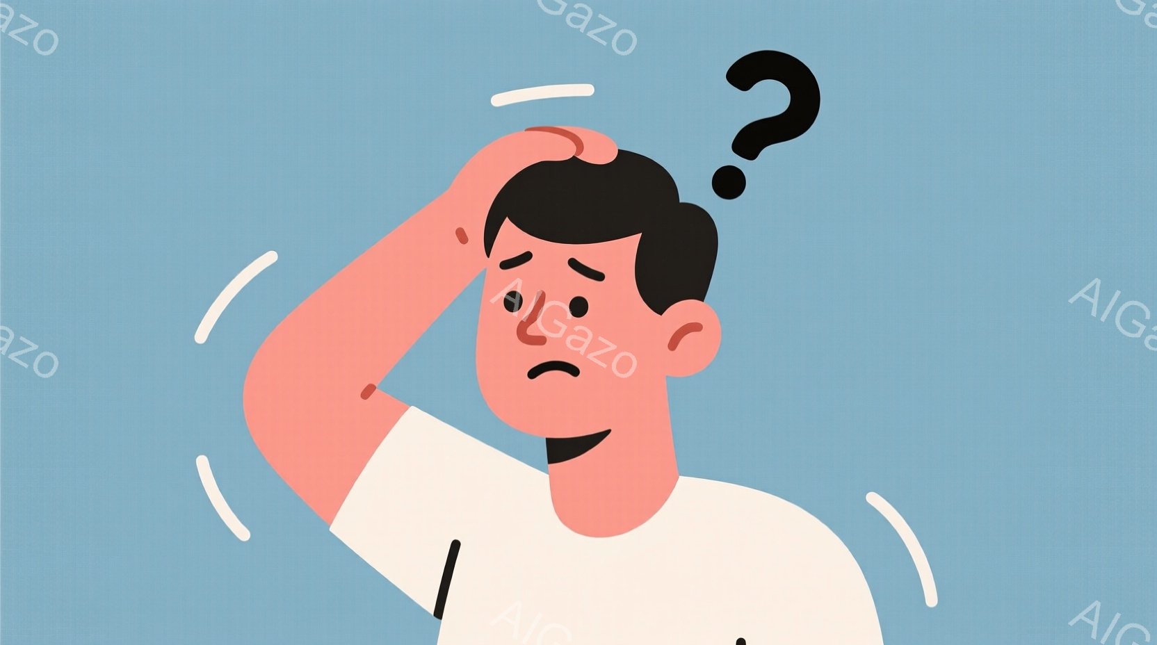 濃い茶色の髪を持つ若い男性が描かれています。彼は白いシャツを着ており、片方の手で頭を掻きながら困惑した表情をしています。背景は水色の単色で、いくつかの白い曲線が描かれており、全体的に悩みを抱えているような、少し憂鬱な雰囲気を醸し出しています。