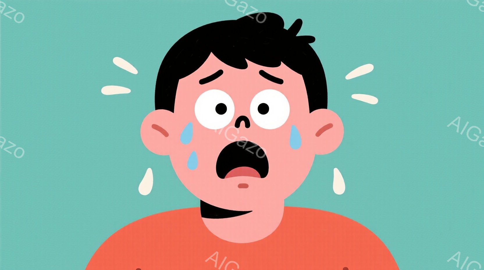 赤色のシャツを着た若い男性の顔のクローズアップです。彼は驚いた表情で、目を見開き、口を大きく開けており、額や頬から汗が滴っています。背景は明るい水色で、人物に焦点が当てられています。