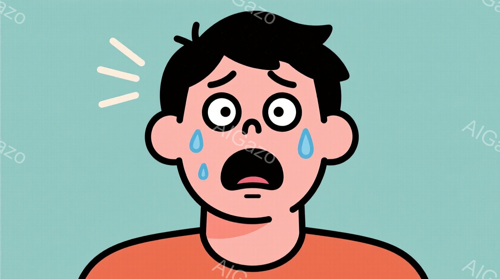 赤いシャツを着た男性の顔のクローズアップです。目は大きく見開かれ、口は大きく開いて驚きや恐怖を表しており、頬からは汗が滴っています。全体的に、驚いた、または恐怖を感じている様子を強調したシンプルなイラストレーションです。